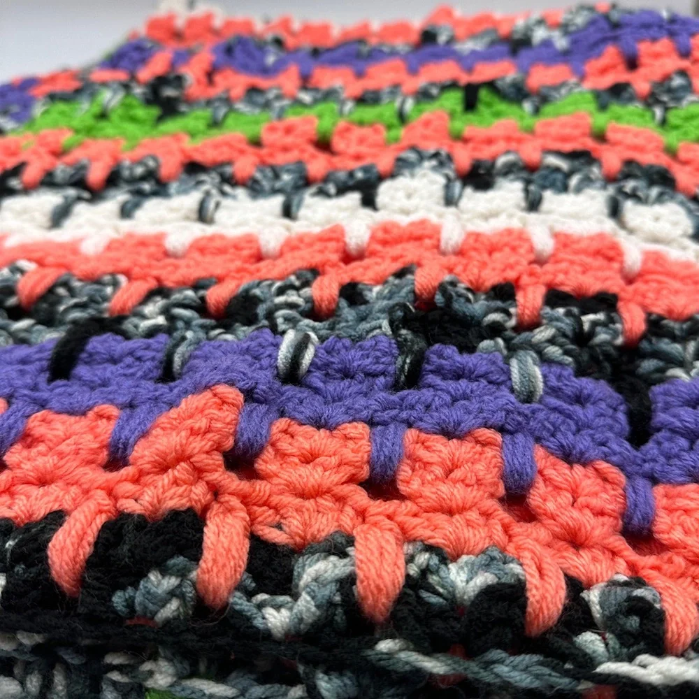 Handmade Crochet Granny Afghan throw Blanket Vibrant black purple green orange‎
